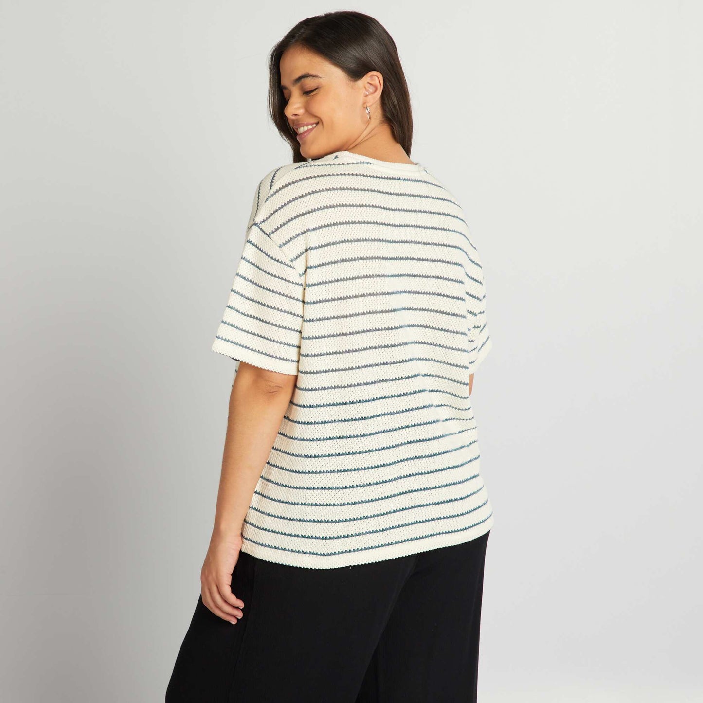 T-shirt en maille pointelle rayures Beige/bleu