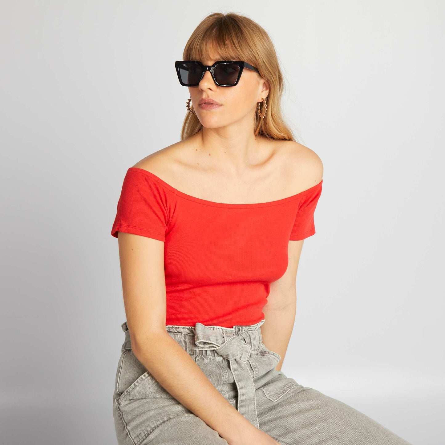 T-shirt bardot en maille cotel e rouge