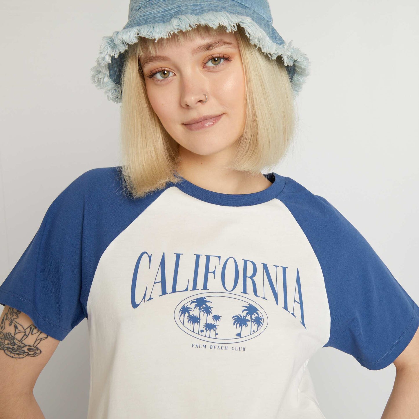 T-shirt court manches raglan Blanc/bleu