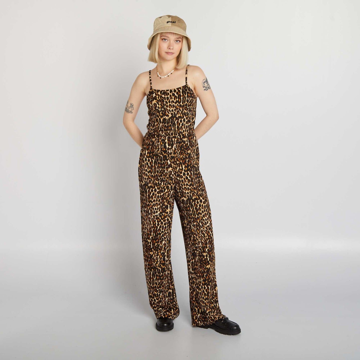 Combinaison fluide et large fines bretelles Beige/noir