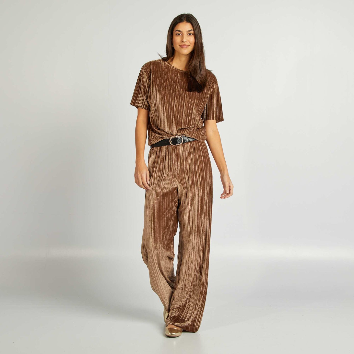 Pantalon large en velours pliss Marron