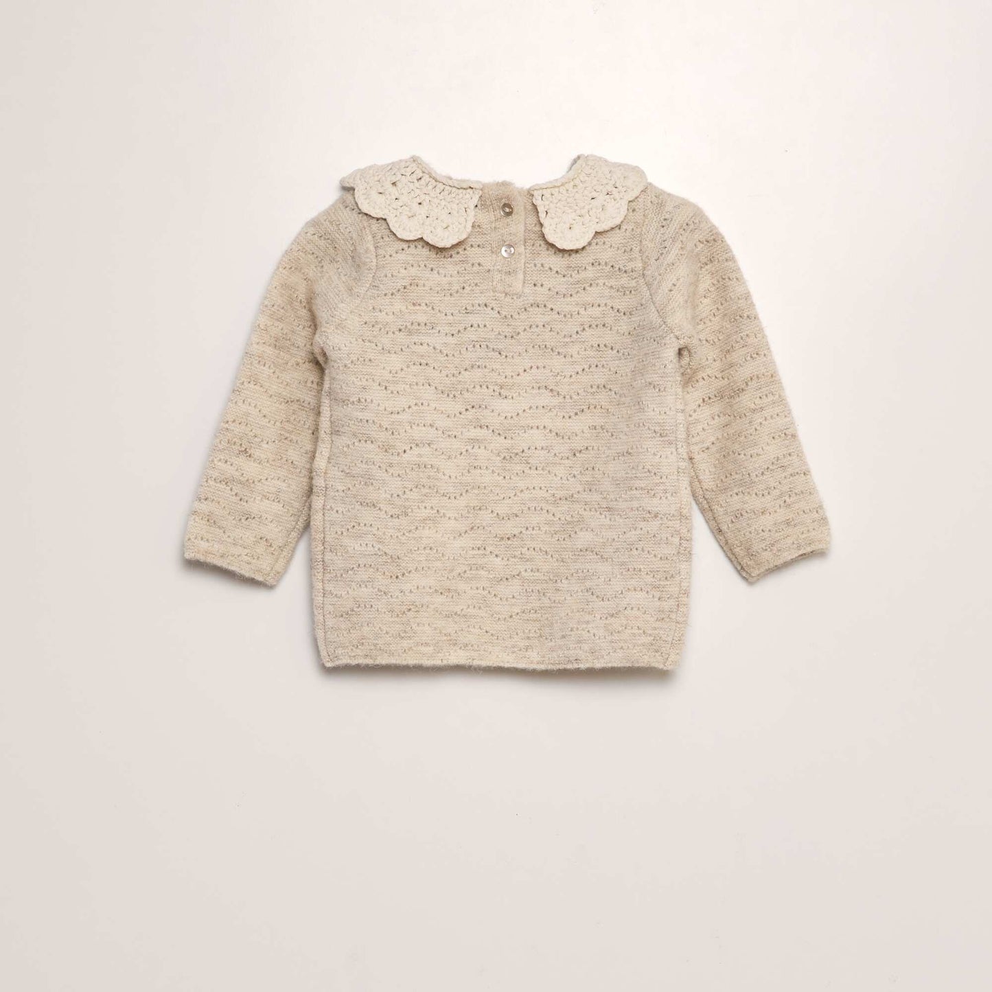 Pull en maille tricot + col crochet Beige
