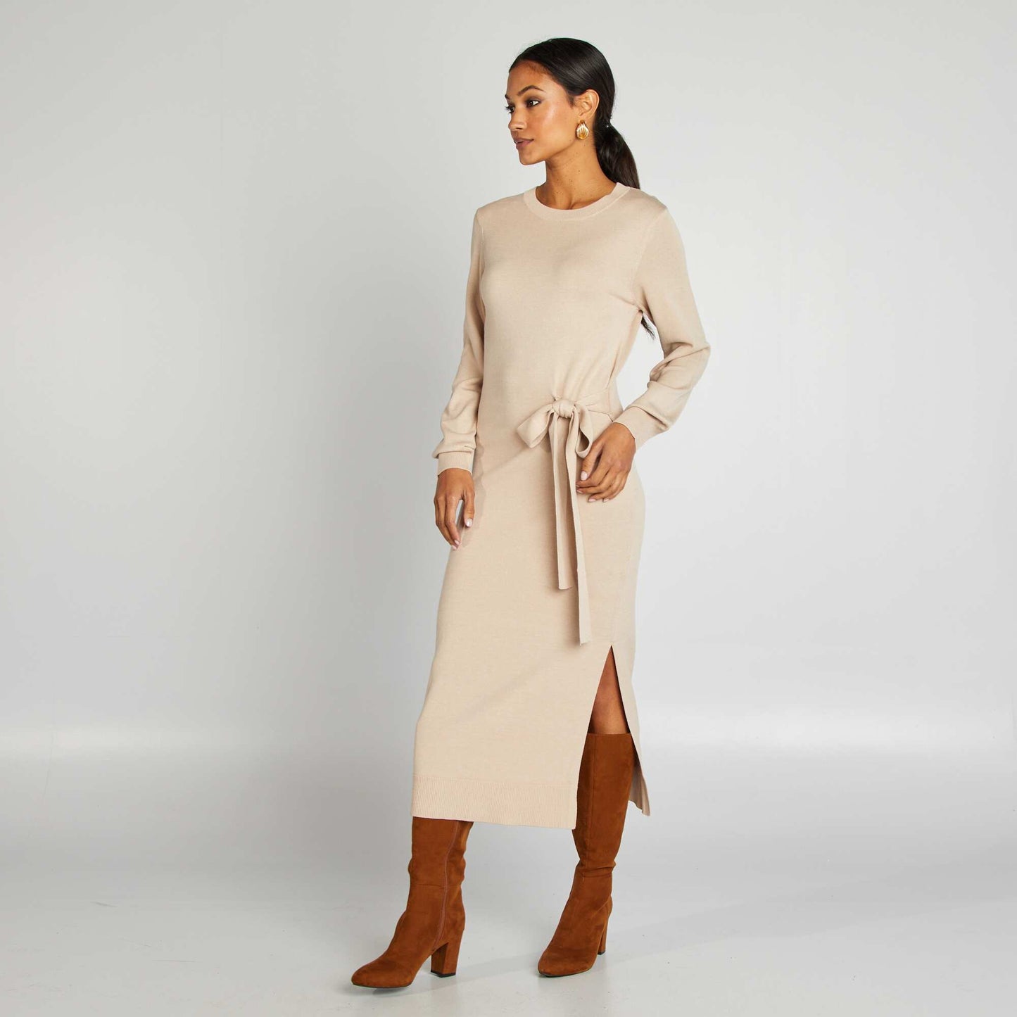 Robe pull midi à ceinturer Beige