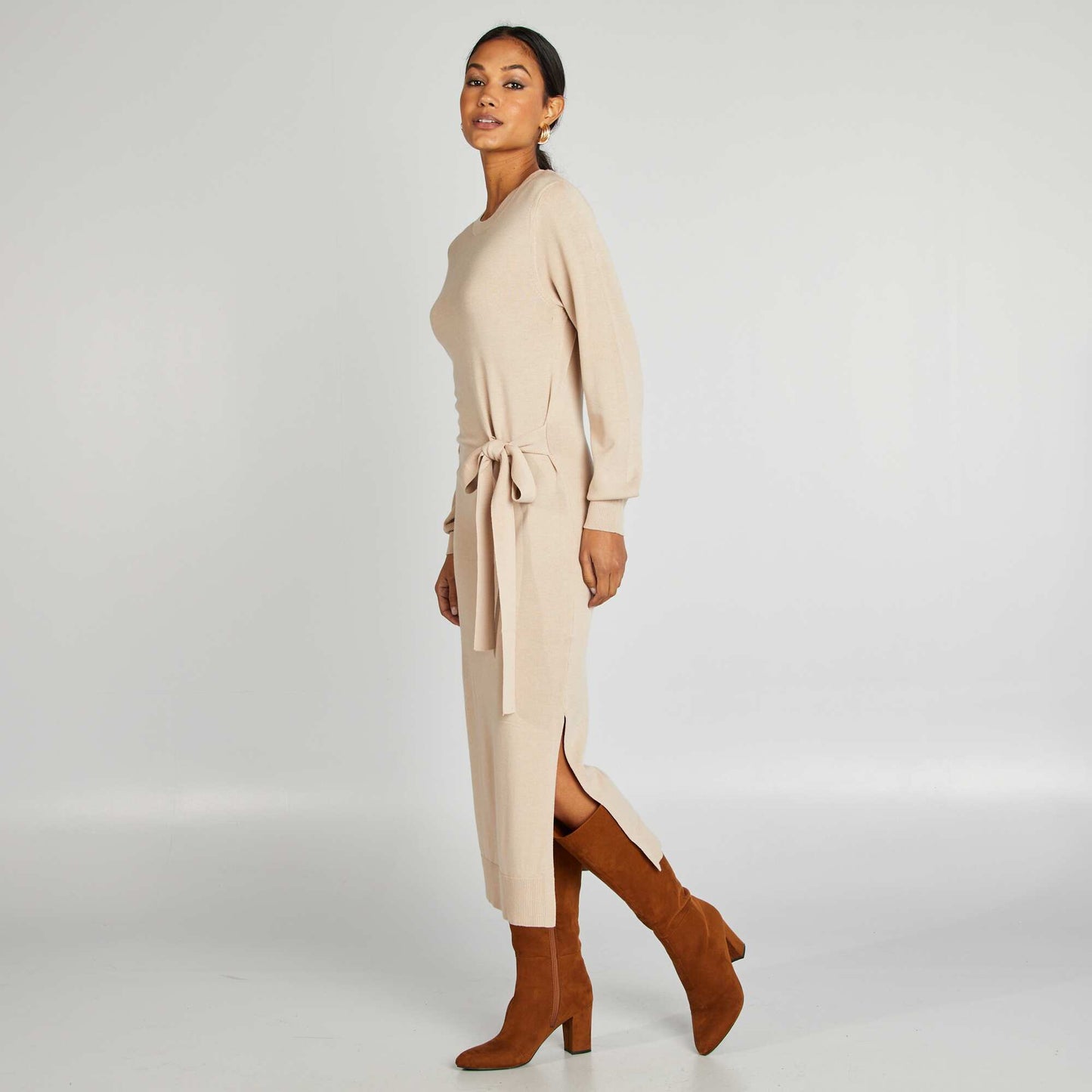 Robe pull midi à ceinturer Beige