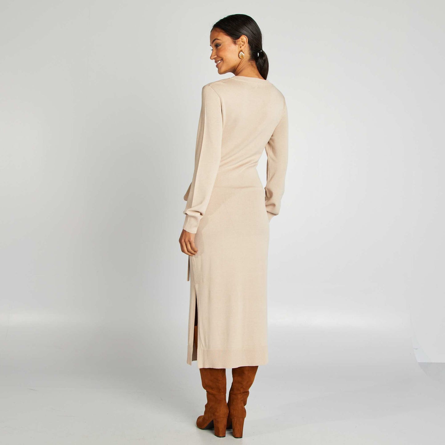 Robe pull midi à ceinturer Beige