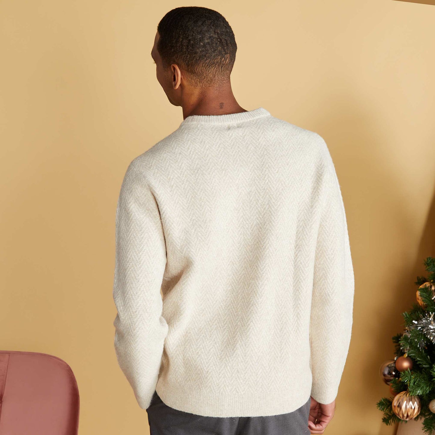 Pull épais maille chevrons Beige