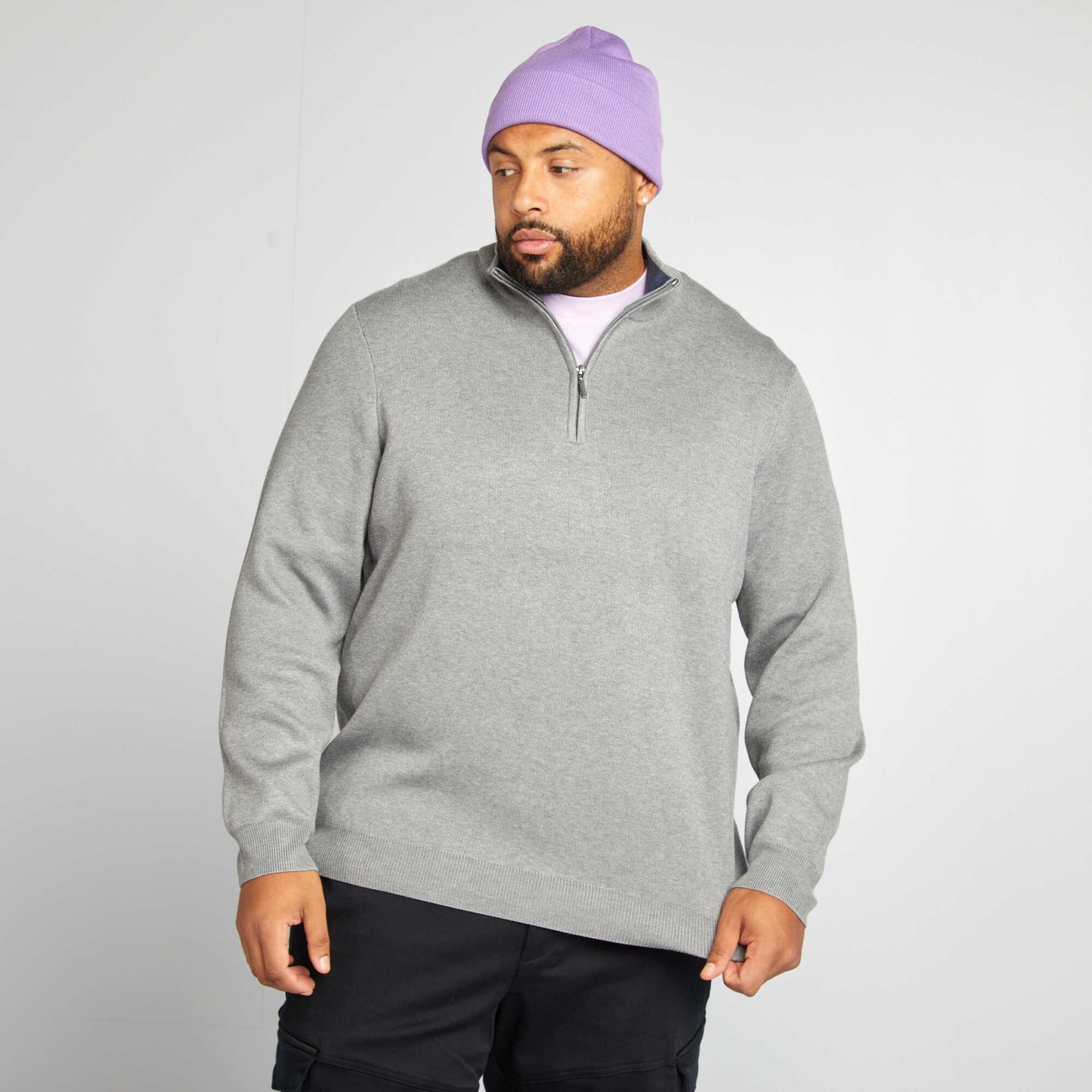 Pull uni avec col camionneur zippé Gris