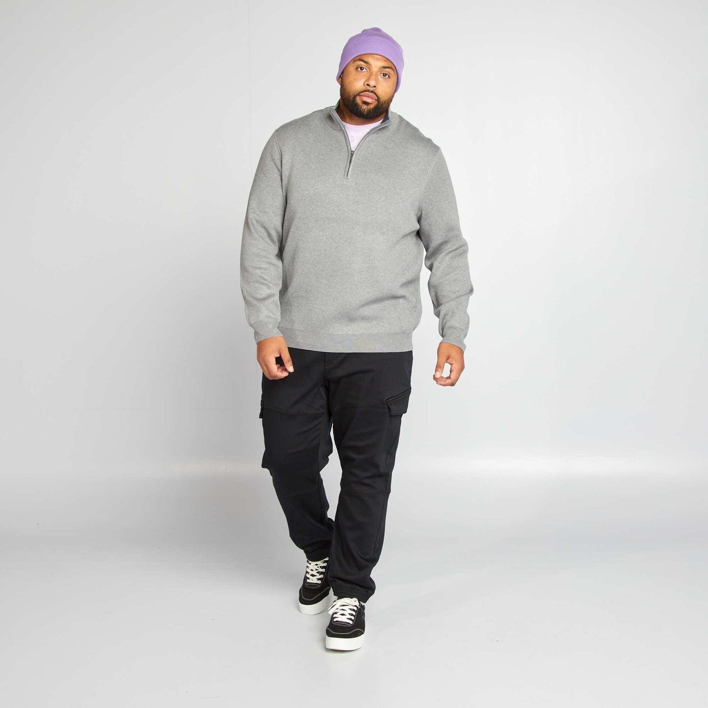 Pull uni avec col camionneur zippé Gris