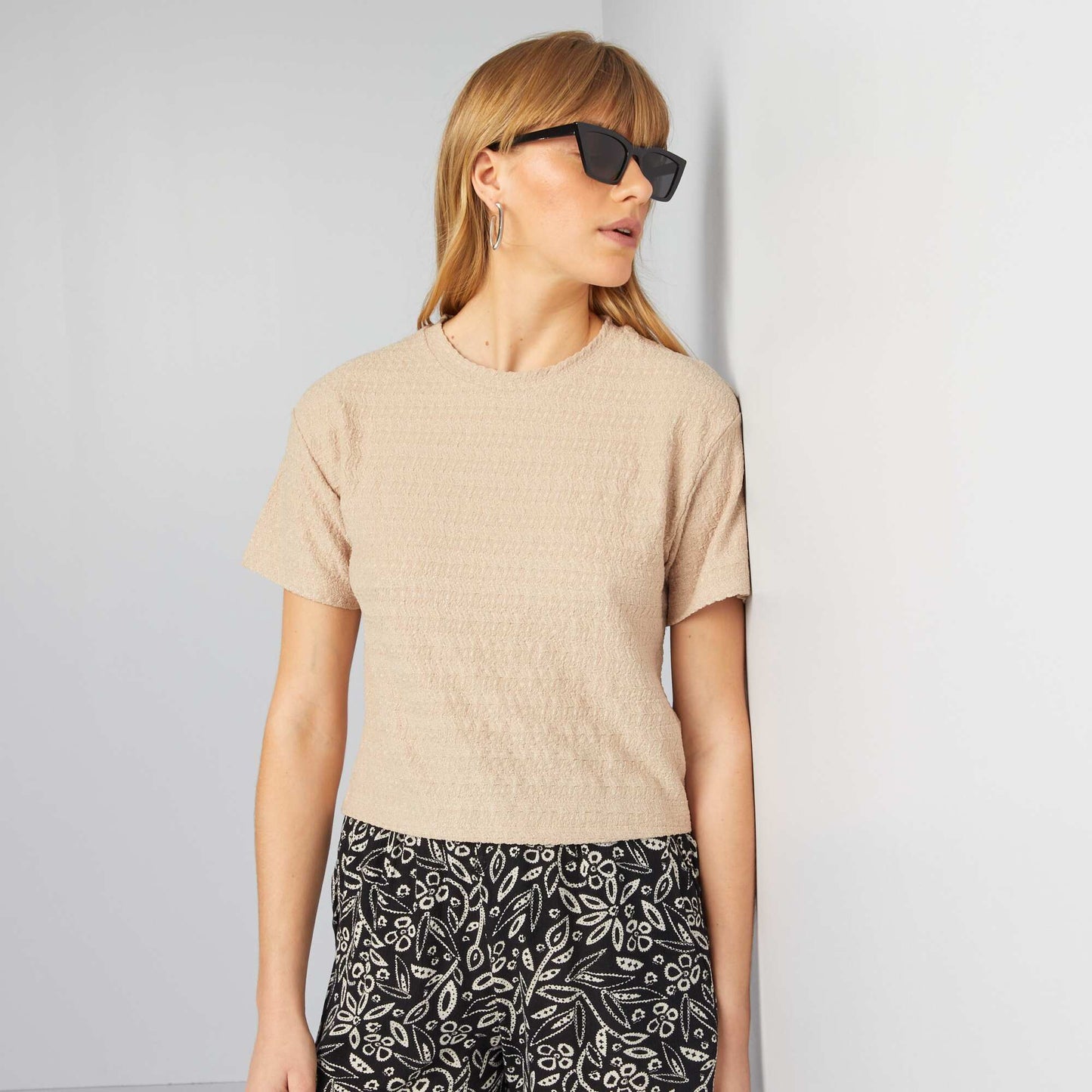 T-shirt stretch en mailel gaufrée Beige