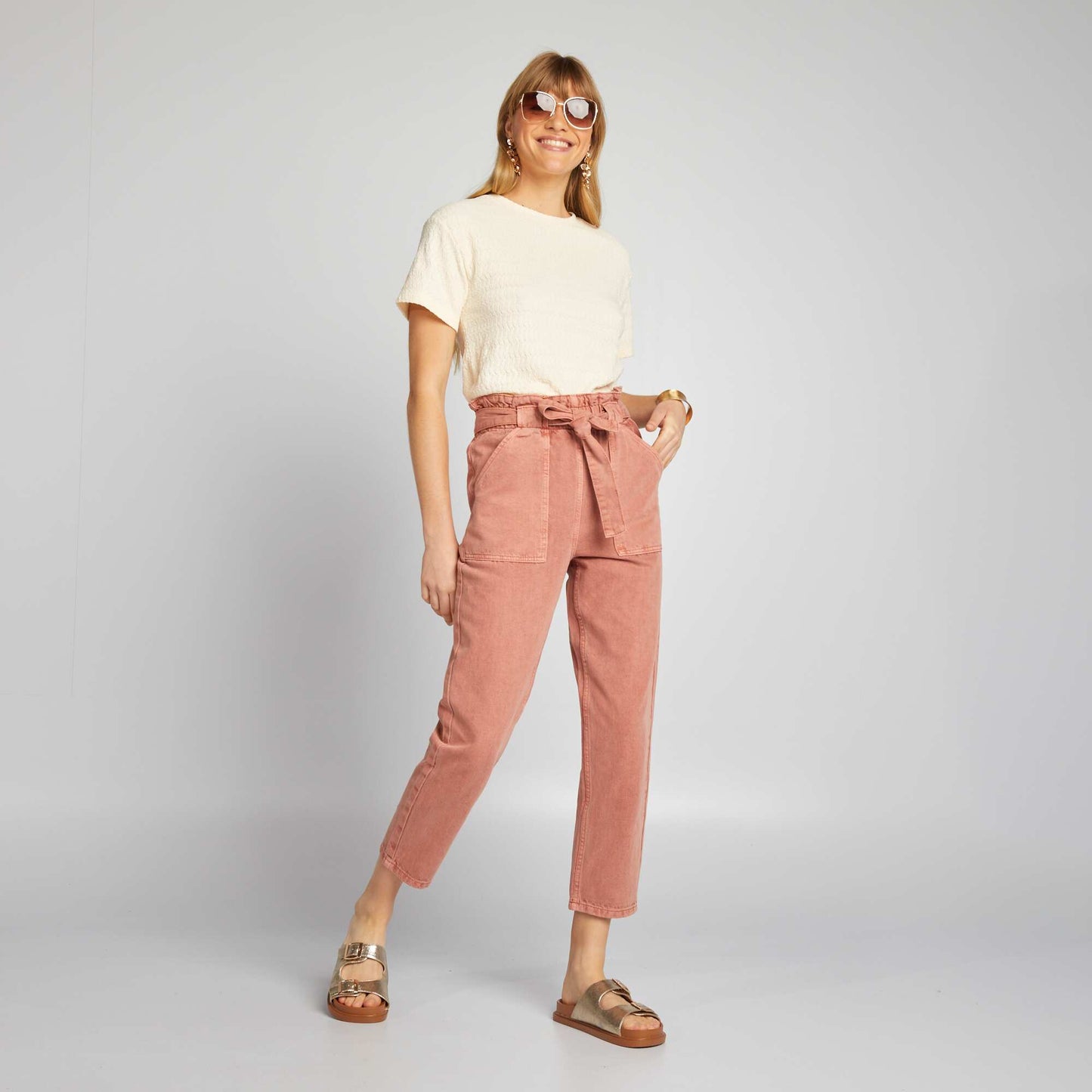 T-shirt stretch en mailel gaufr e Beige cr me