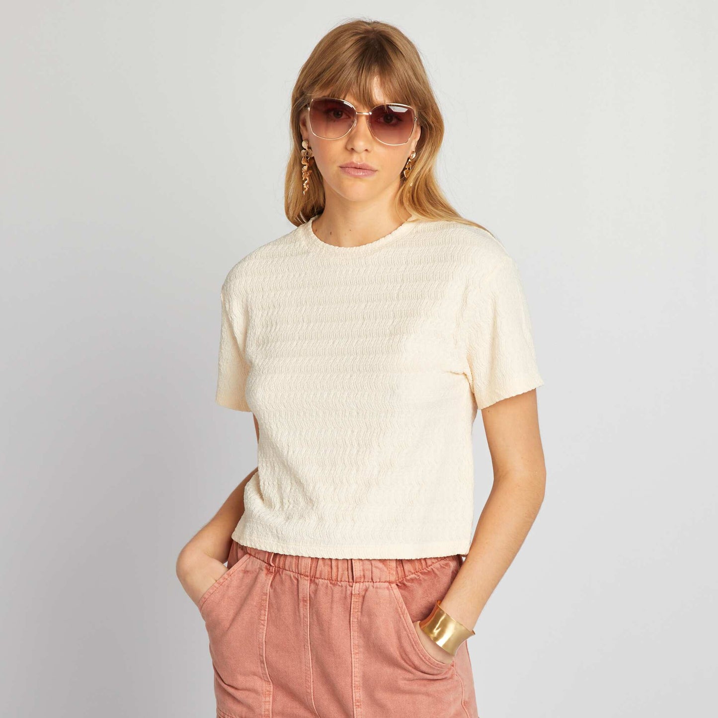 T-shirt stretch en mailel gaufr e Beige cr me
