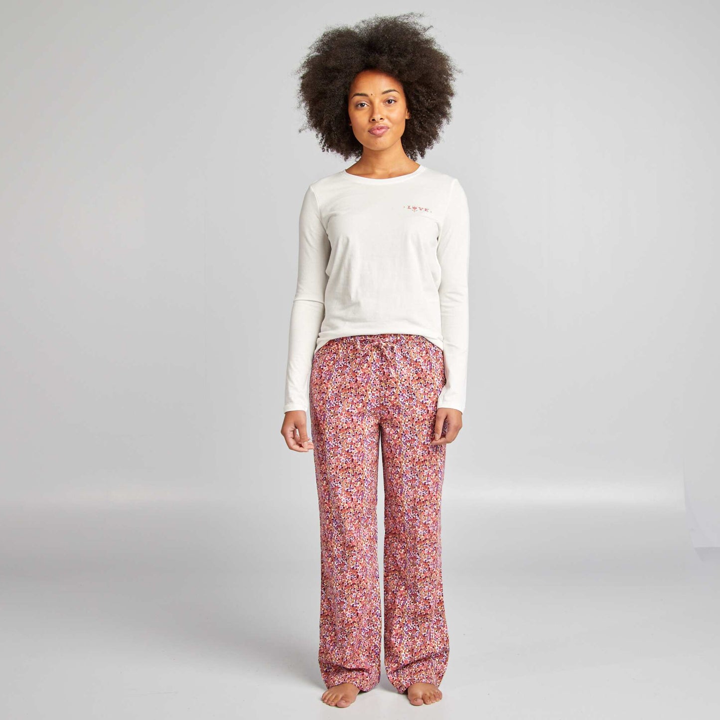 Ensemble pyjama tee-shirt + pantalon imprim Blanc/rose fleuri