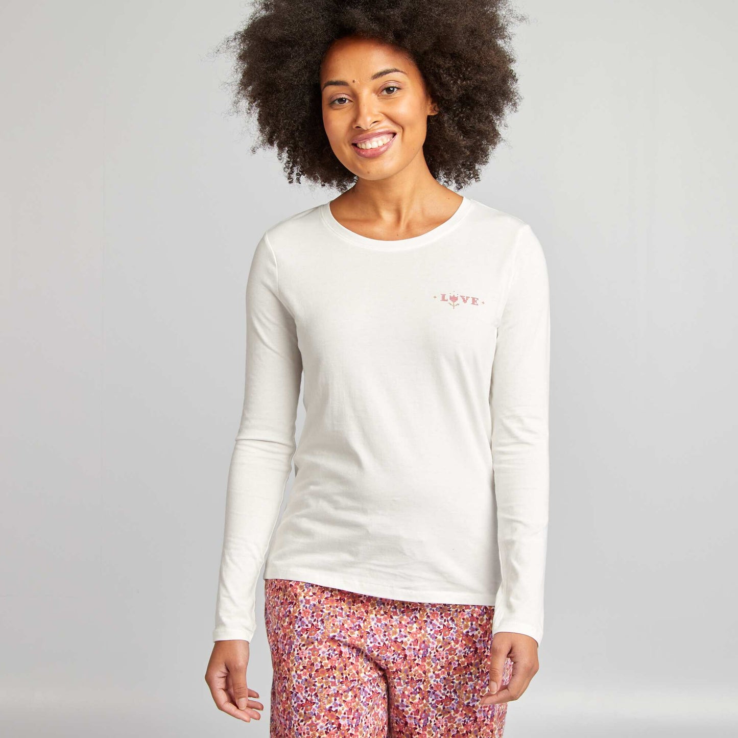 Ensemble pyjama tee-shirt + pantalon imprim Blanc/rose fleuri