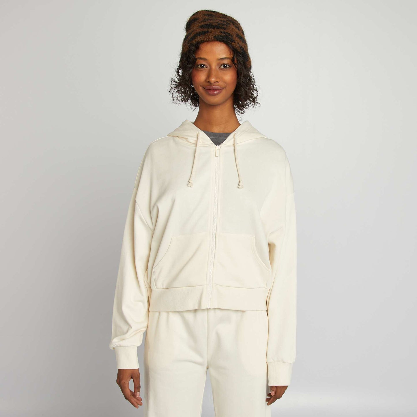 Sweat en molleton uni zippé à capuche BEIGE
