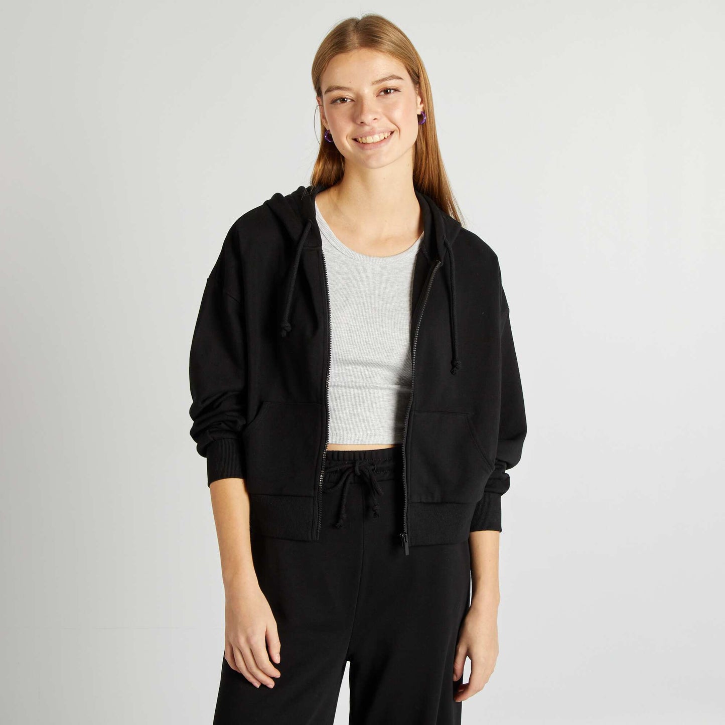 Sweat en molleton uni zippé à capuche NOIR