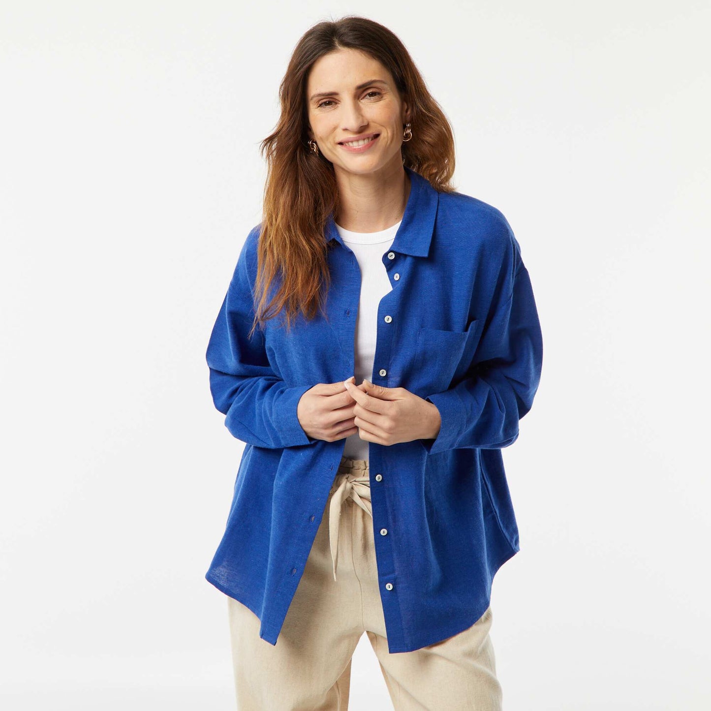 Chemisier long avec poche poitrine avec 20% de lin BLEU