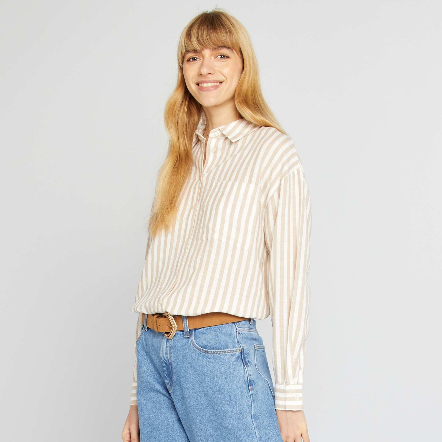 Chemisier long avec poche poitrine avec 20% de lin BEIGE