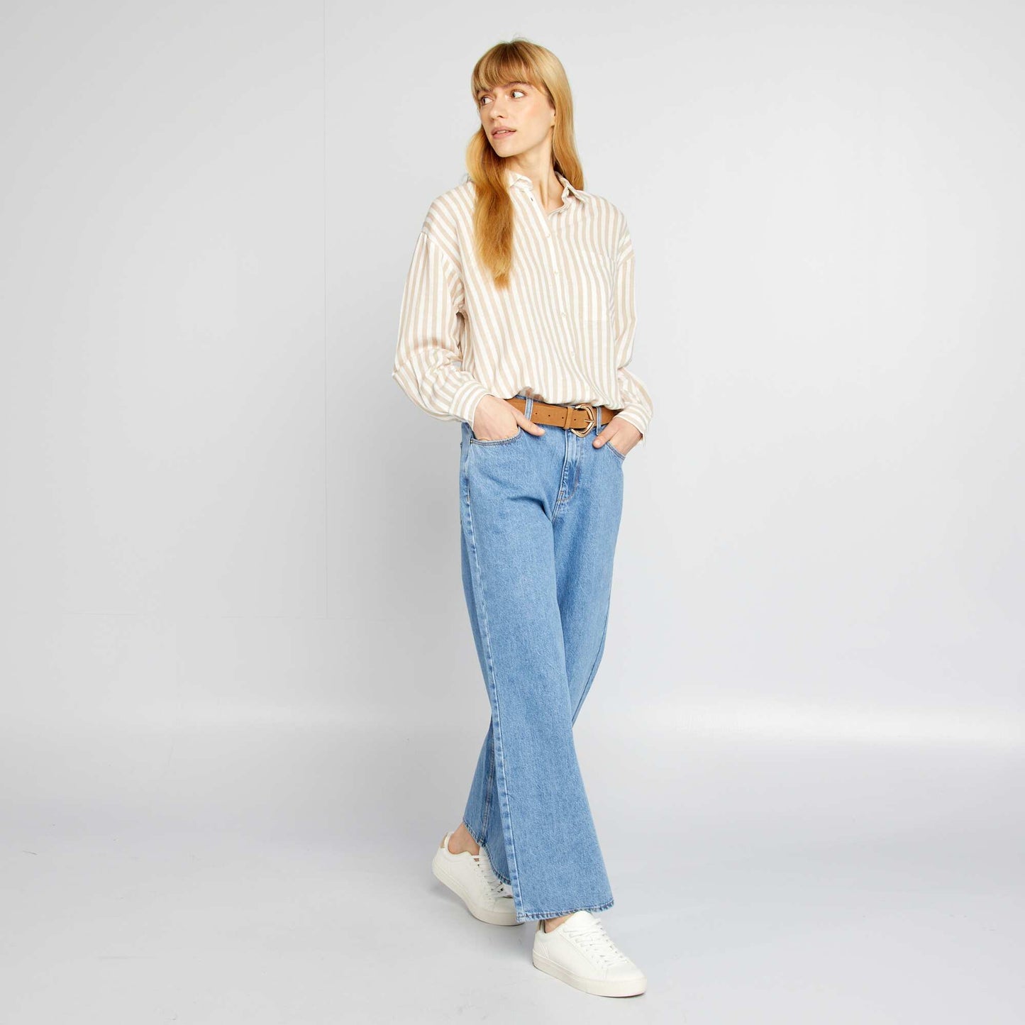 Chemisier long avec poche poitrine avec 20% de lin BEIGE