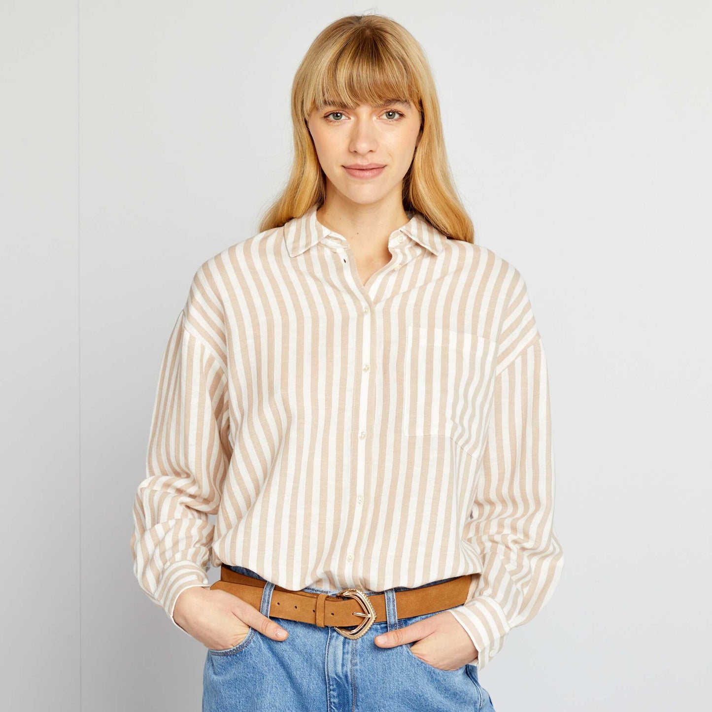 Chemisier long avec poche poitrine avec 20% de lin BEIGE
