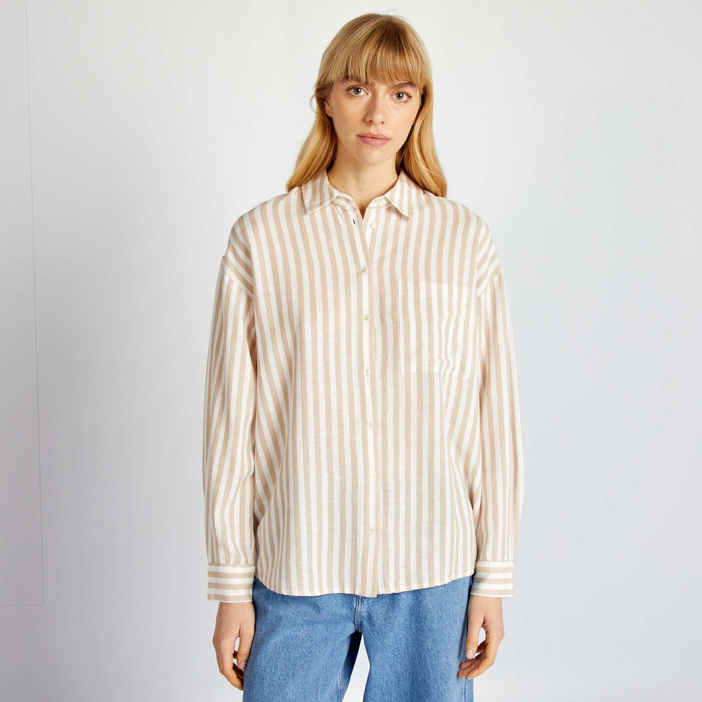 Chemisier long avec poche poitrine avec 20% de lin BEIGE