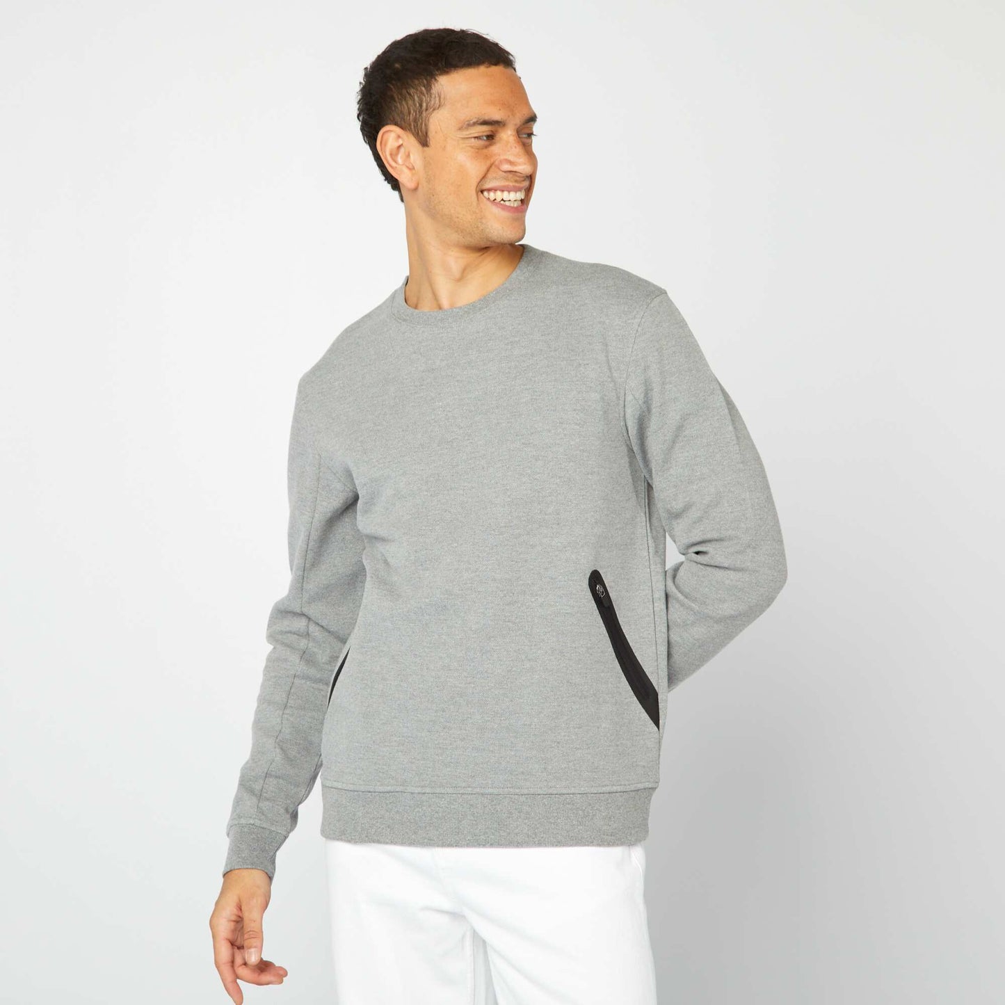 Sweat uni en maille piquée avec poches zippées GRIS