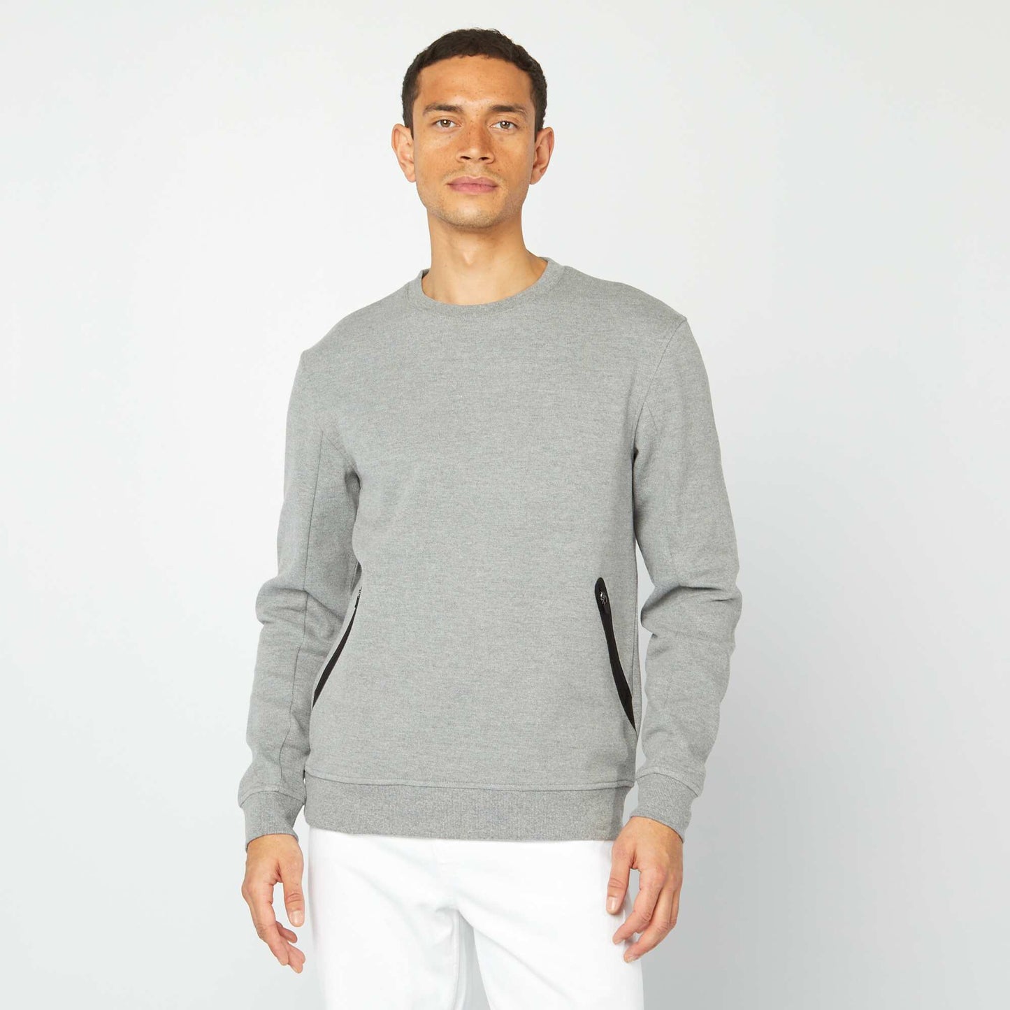 Sweat uni en maille piquée avec poches zippées GRIS