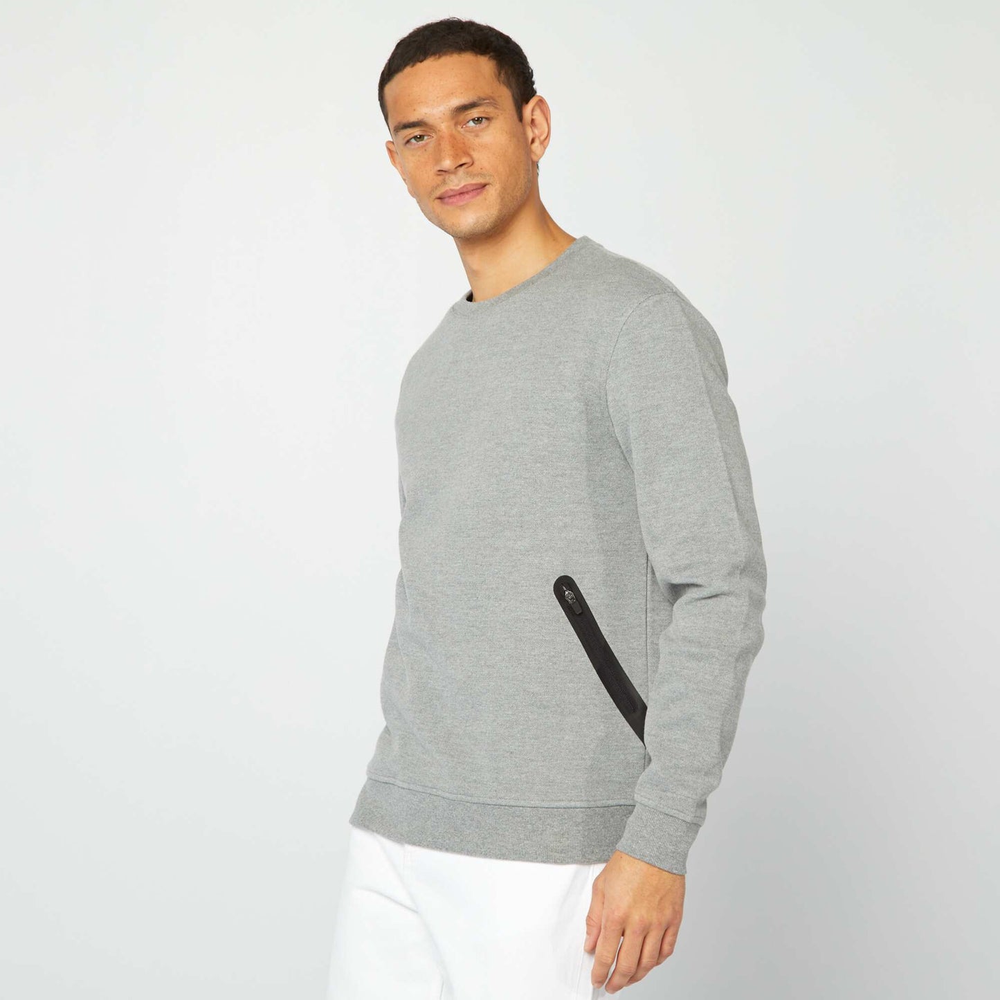 Sweat uni en maille piquée avec poches zippées GRIS