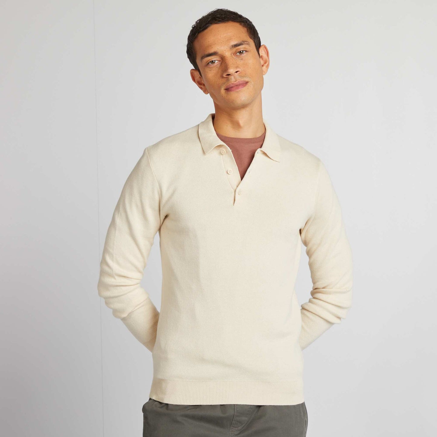 Pull fine jauge col polo boutonné Blanc