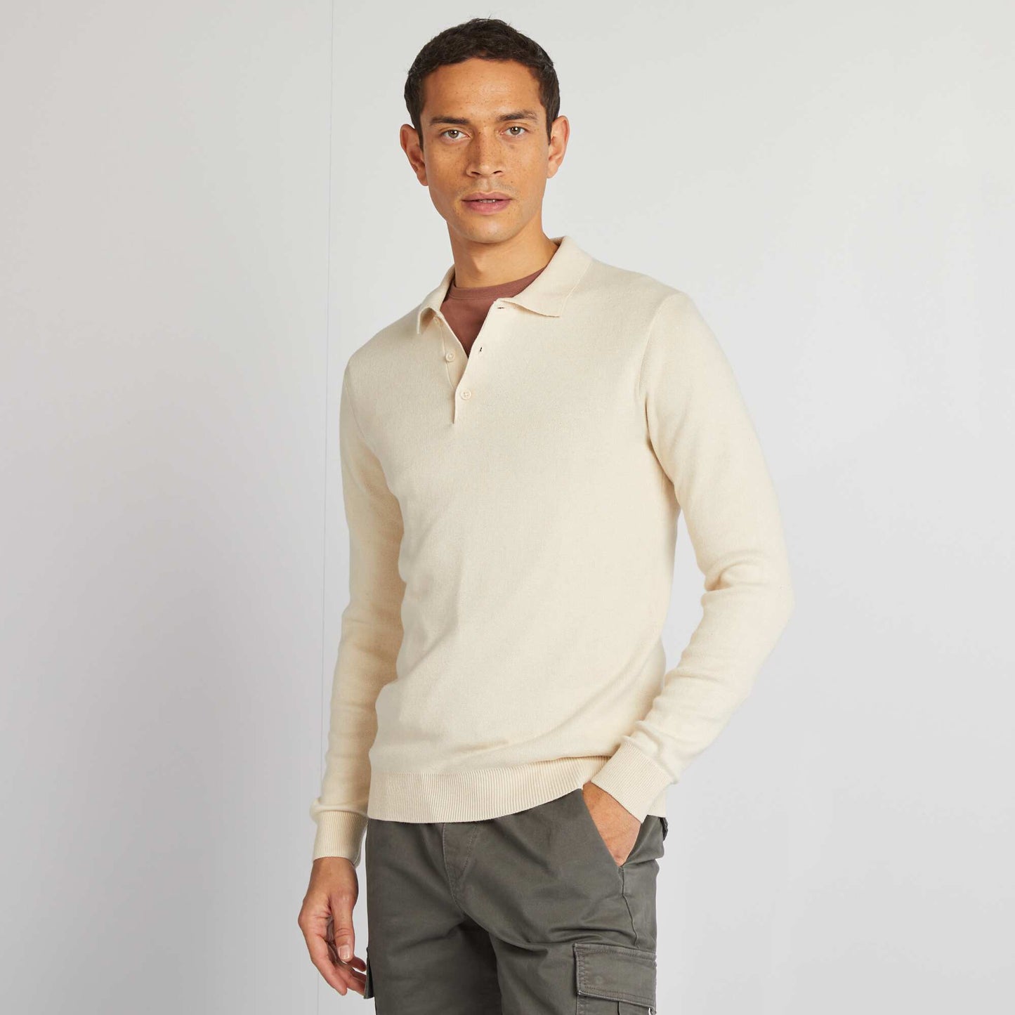 Pull fine jauge col polo boutonné Blanc