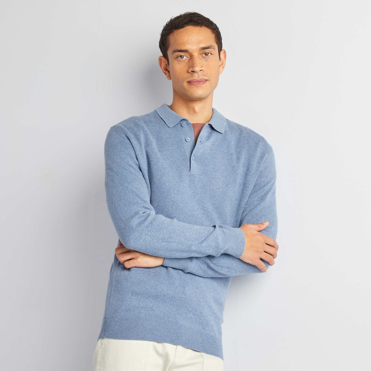 Pull fine jauge col polo boutonné Bleu