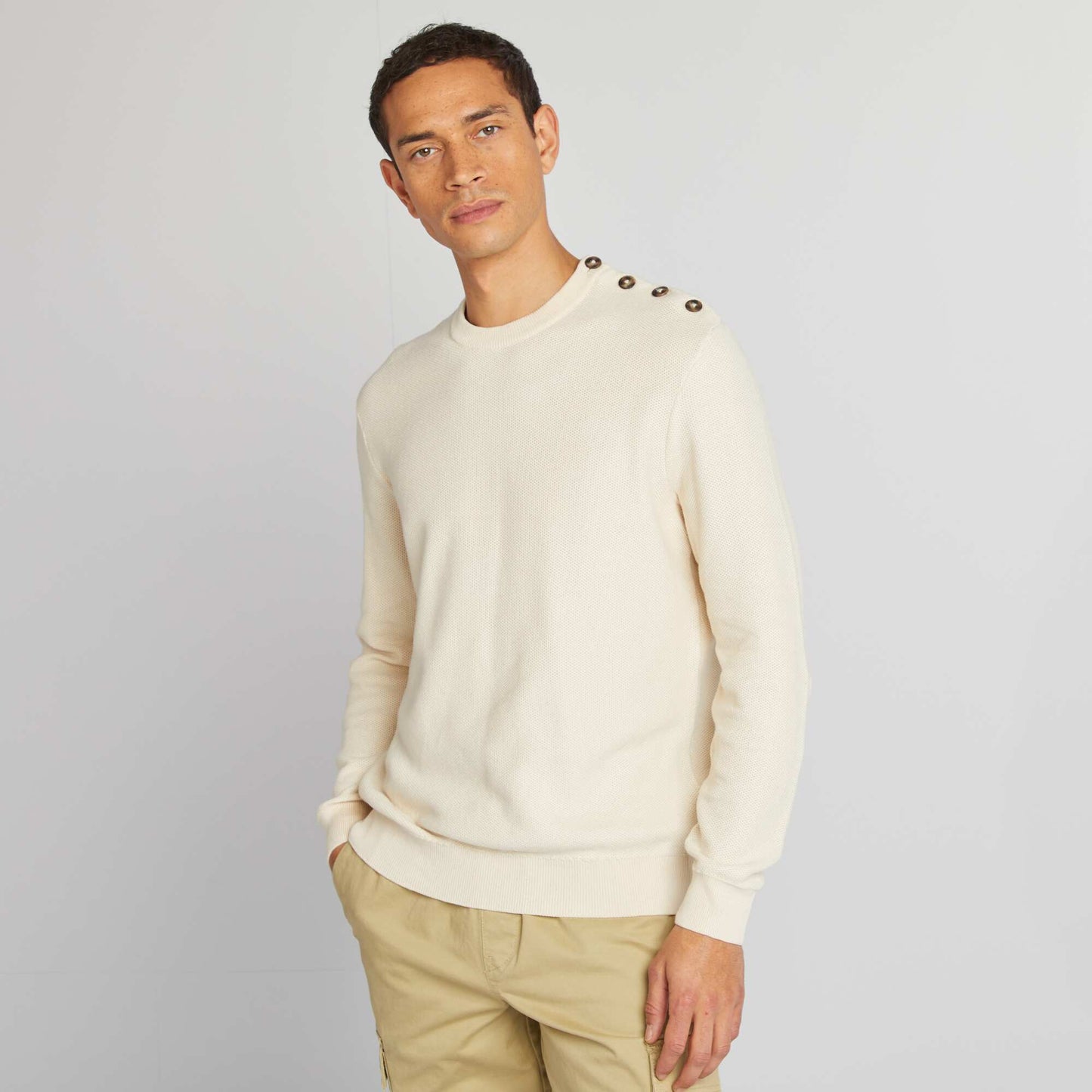 Pull en maille fine jauge type nid d'abeilles Ecru