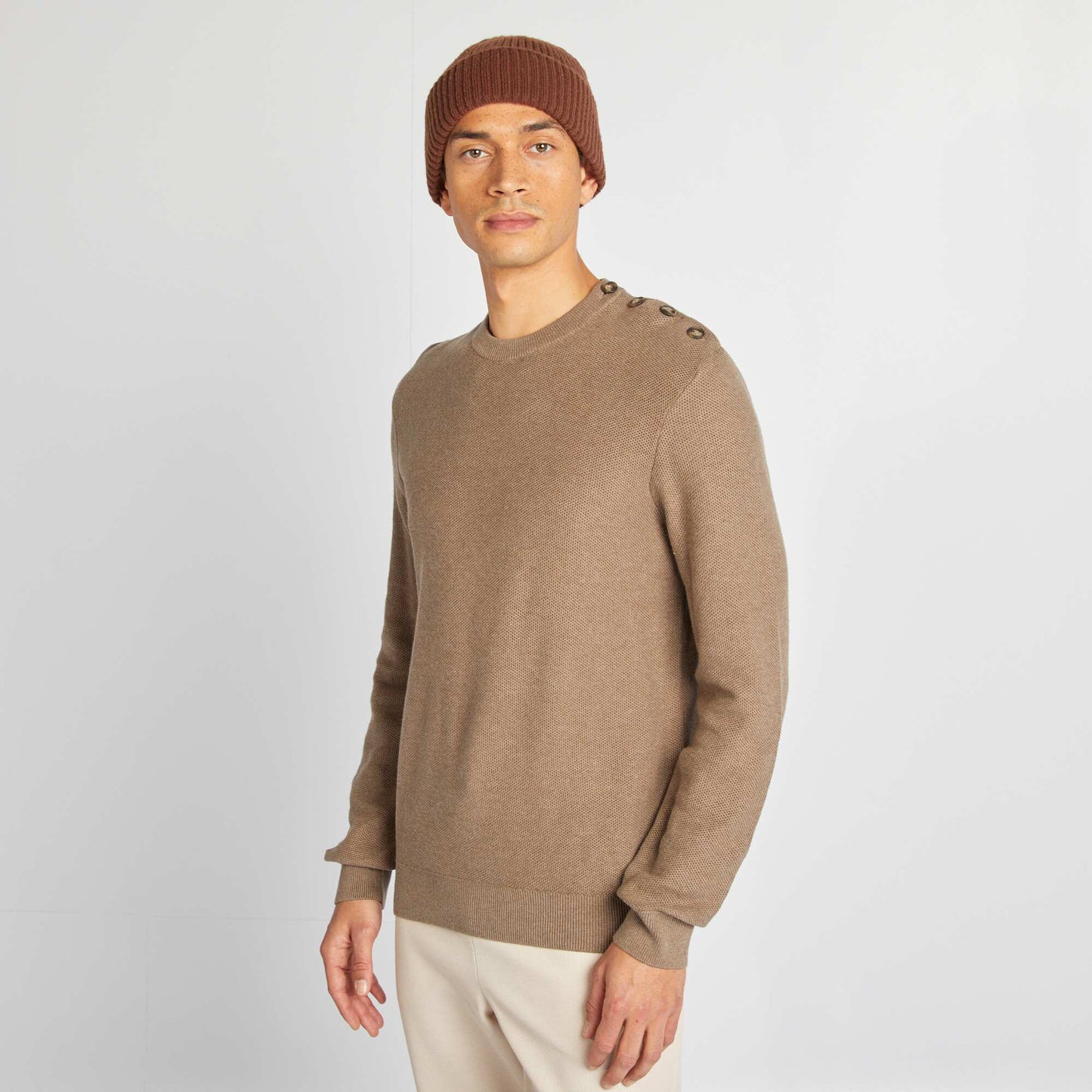 Pull en maille fine jauge type nid d'abeilles BEIGE