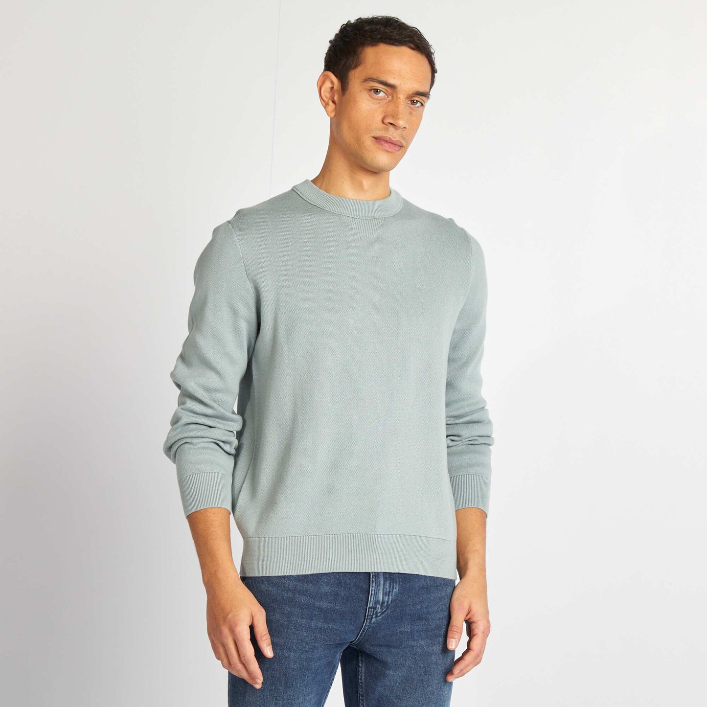 Pull col en maille fine jauge Bleu