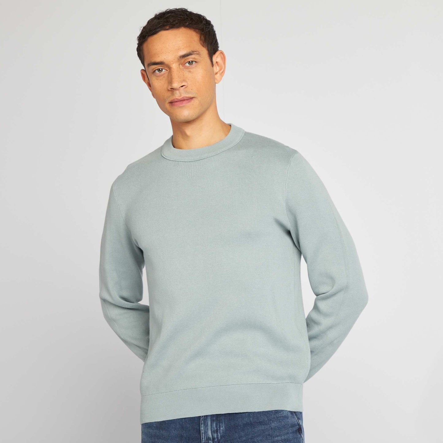 Pull col en maille fine jauge Bleu