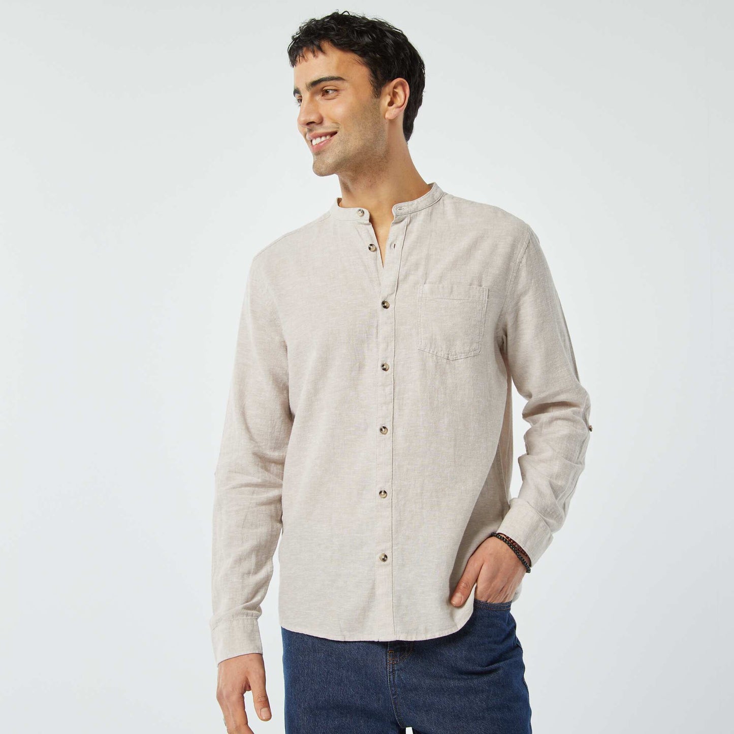 Chemise col mao avec lin BEIGE