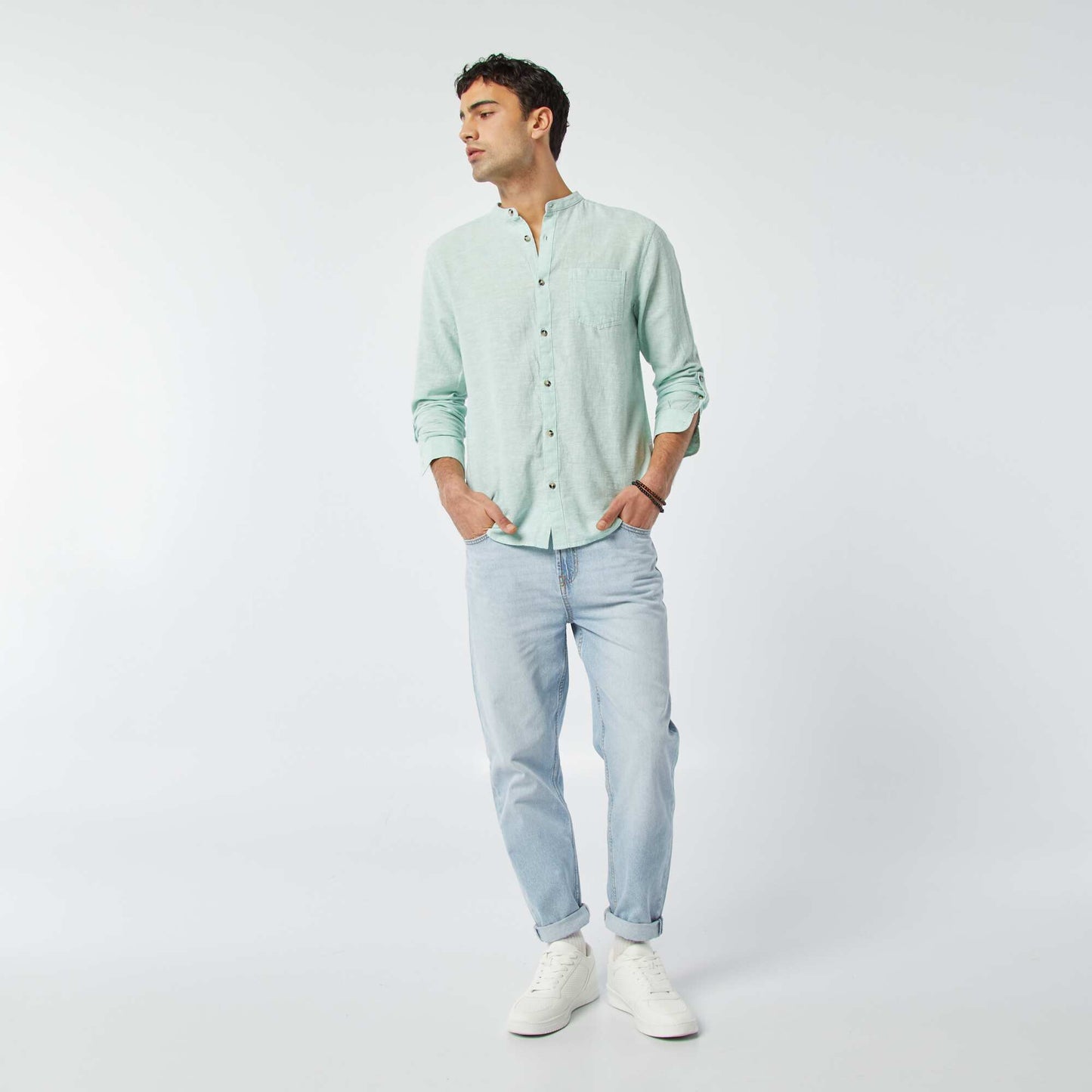 Chemise col mao avec lin BLEU CLAIR