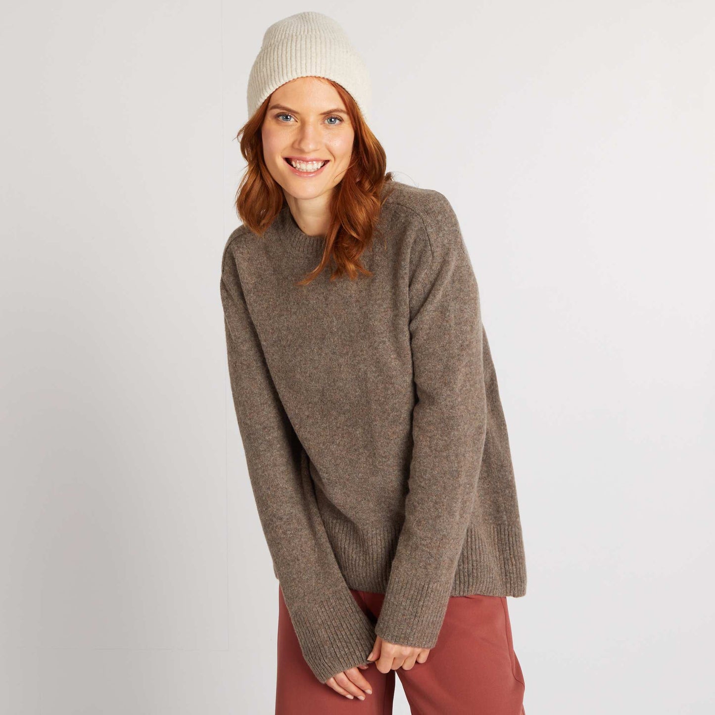 Pull long à col rond MARRON