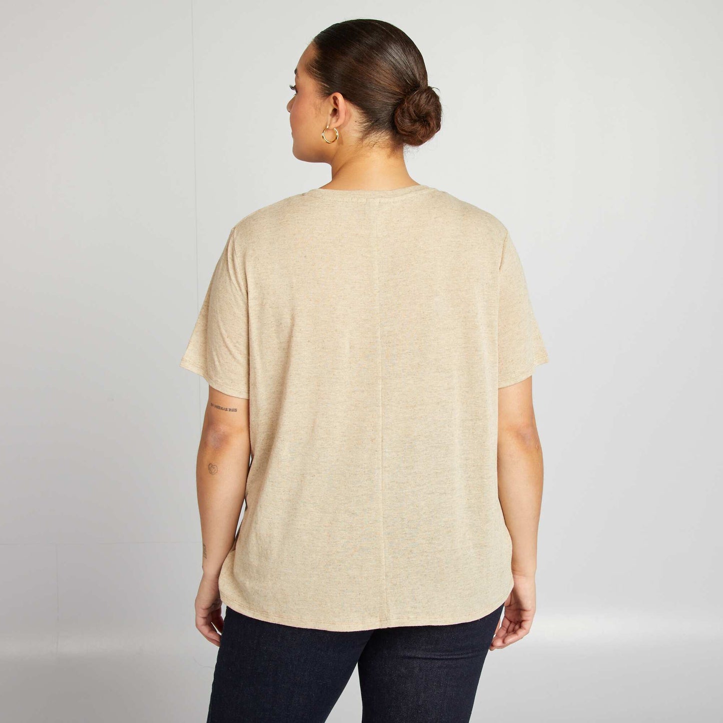 T-shirt col V en lin mélangé BLANC