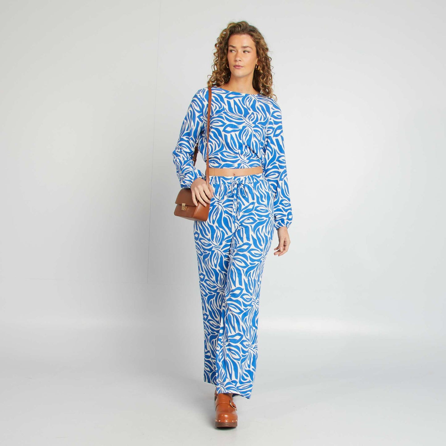 Blouse à manches longues et col rond avec imprimé BEIGE