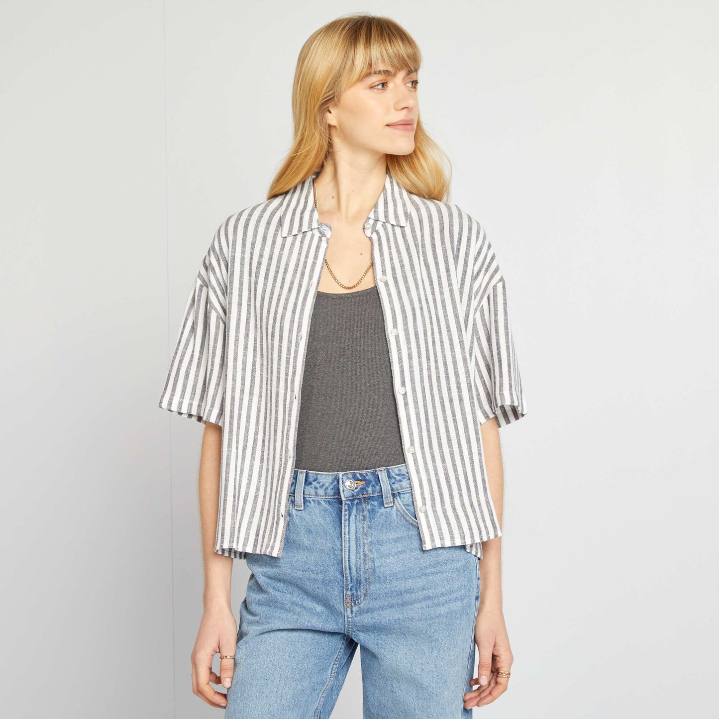 Chemisier oversize en lin GRIS/BLANC