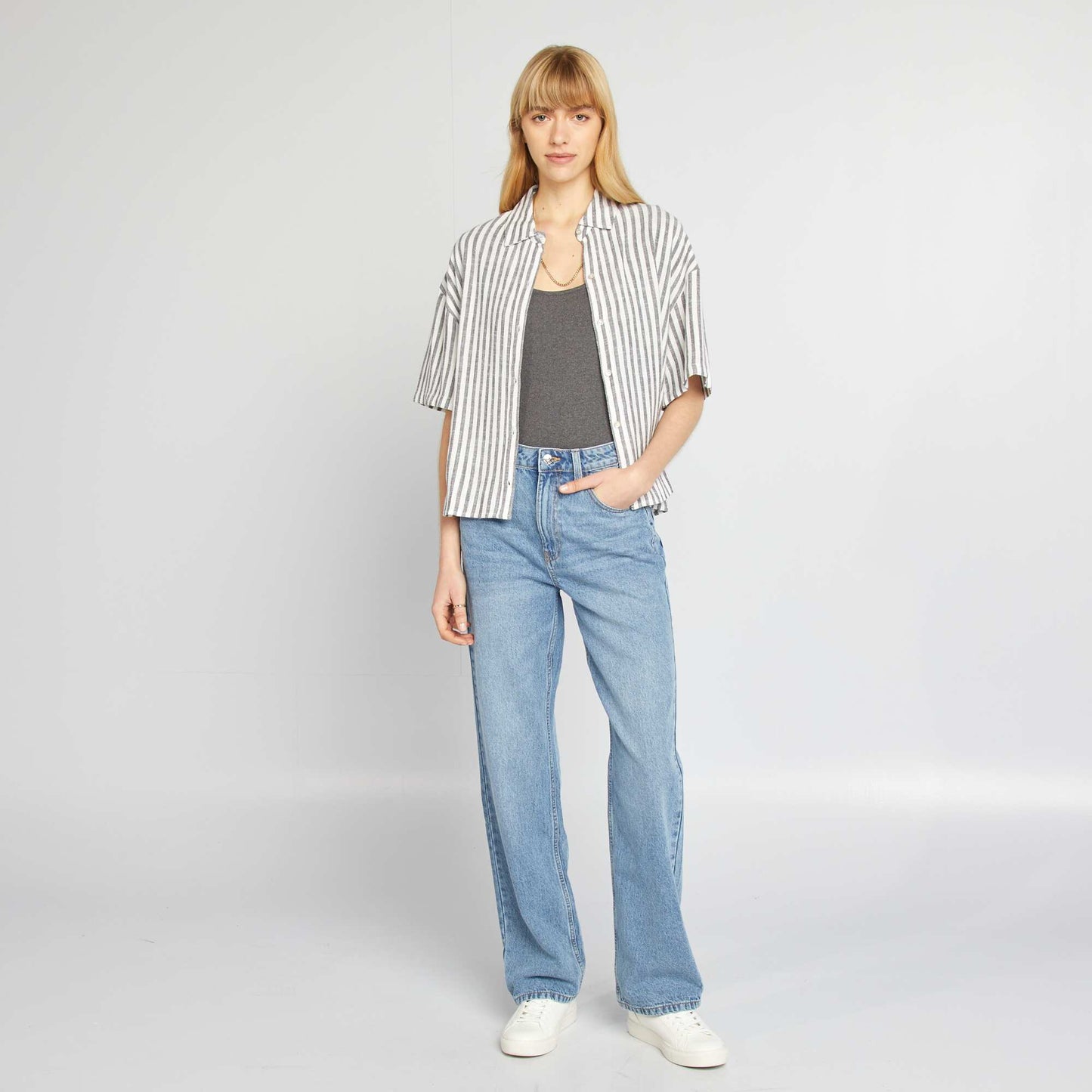 Chemisier oversize en lin GRIS/BLANC