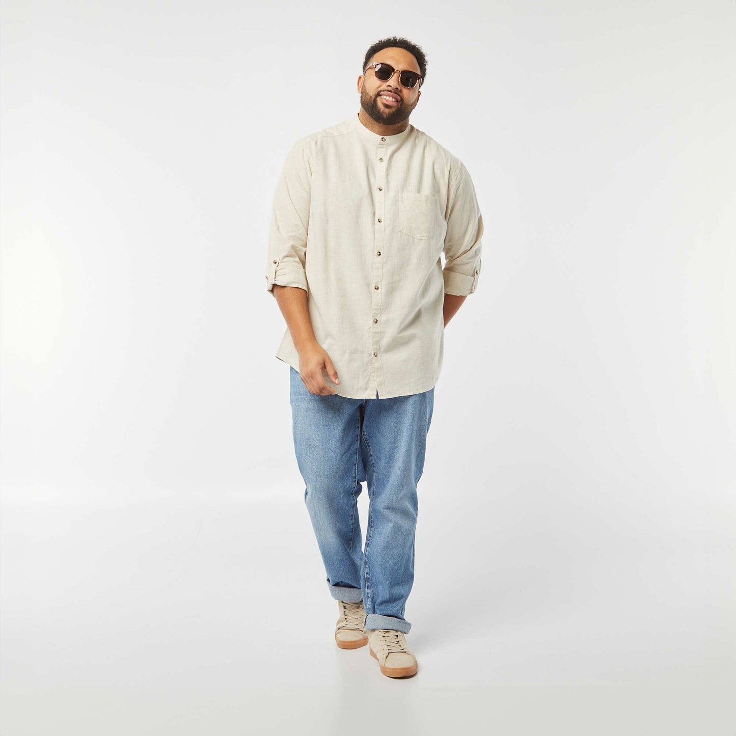 Chemise en lin mélangé avec manches longues retroussables BEIGE