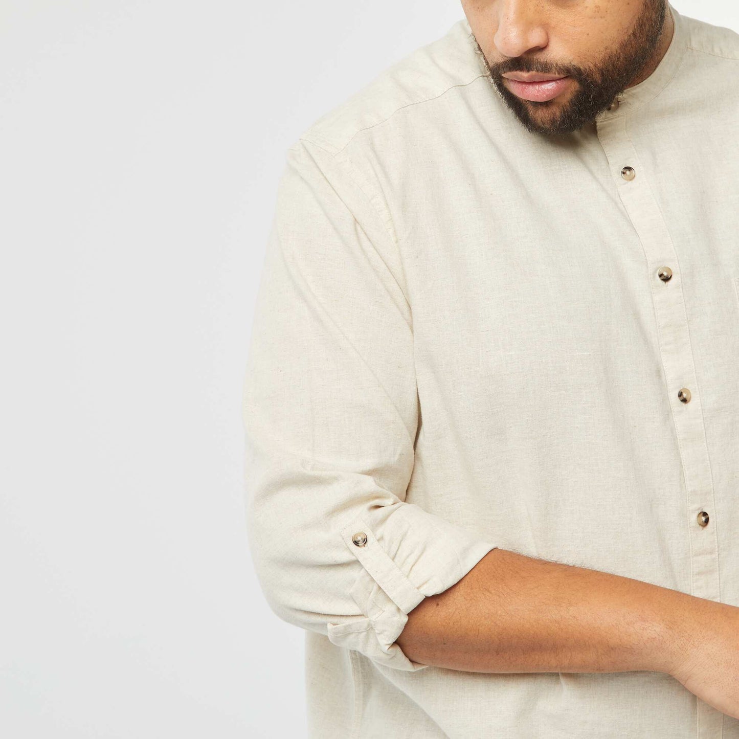 Chemise en lin mélangé avec manches longues retroussables BEIGE