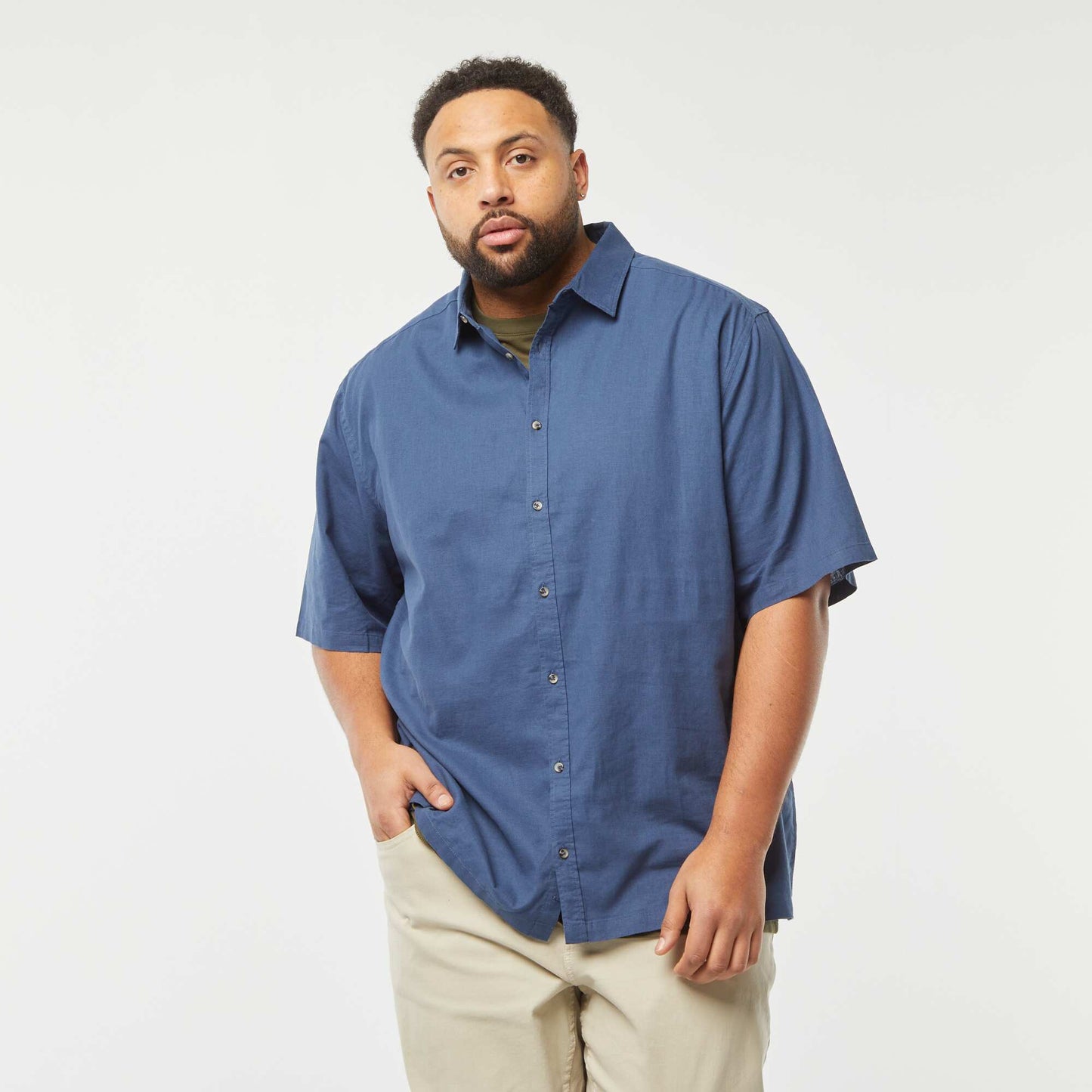 Chemise en lin mélangé à manches courtes BLEU