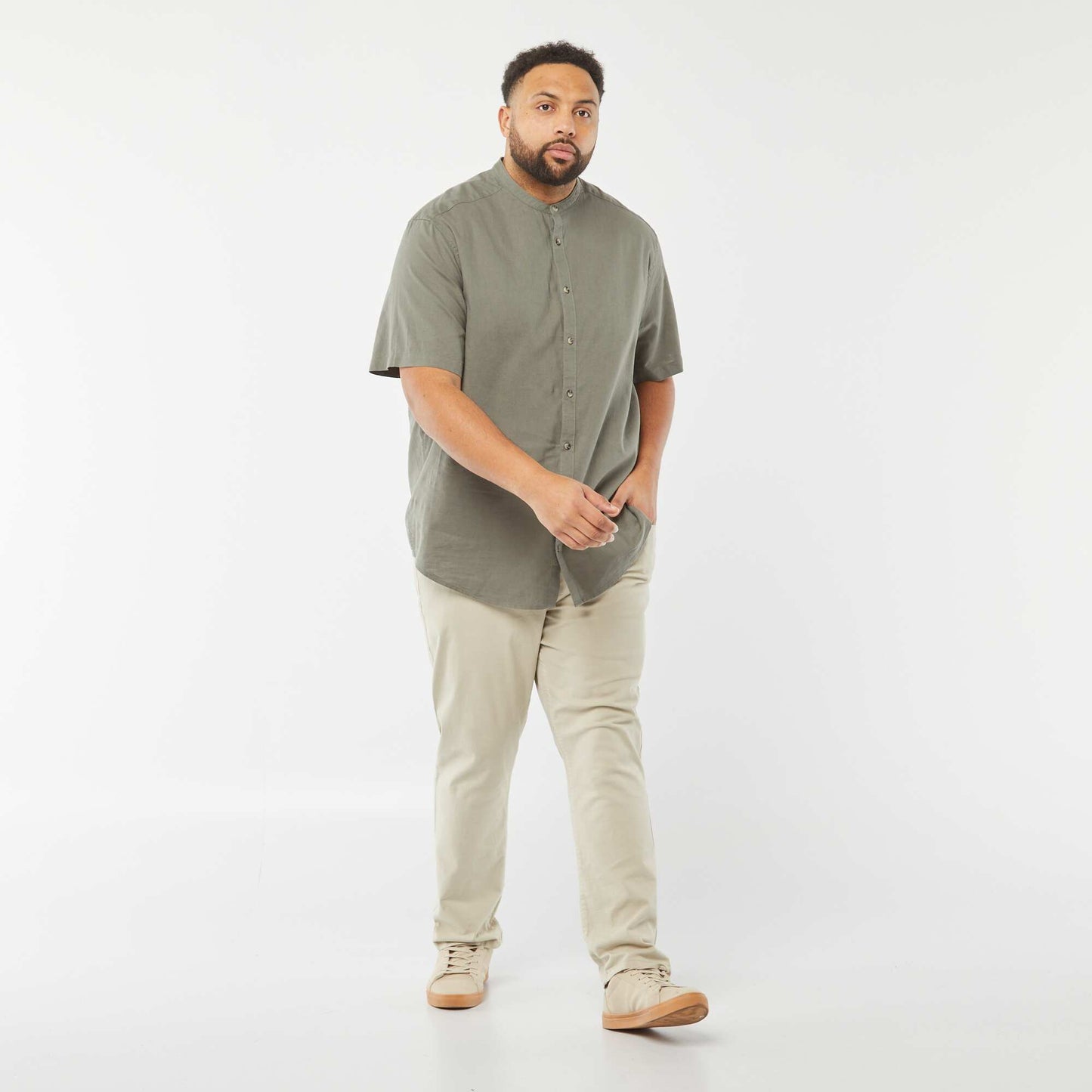 Chemise unie à manches courtes en lin mélangé VERT