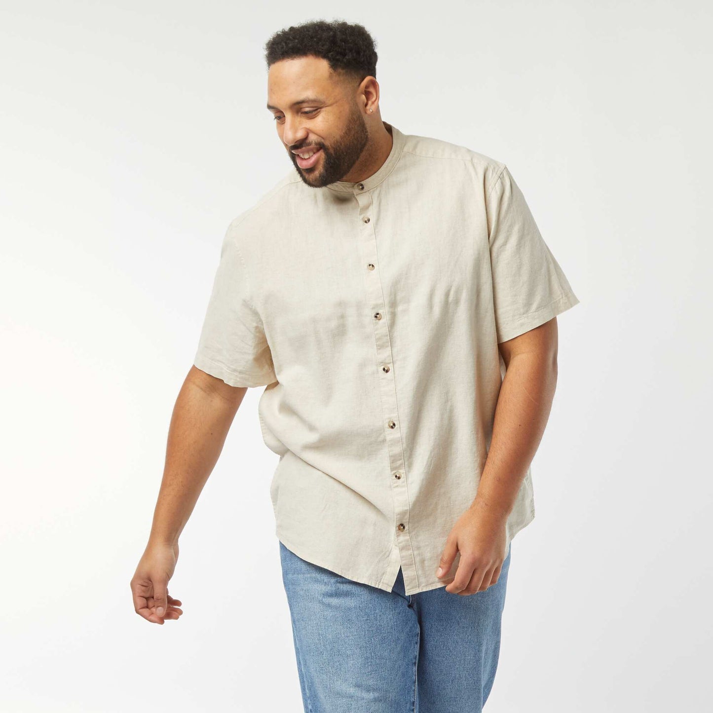 Chemise unie à manches courtes en lin mélangé BEIGE