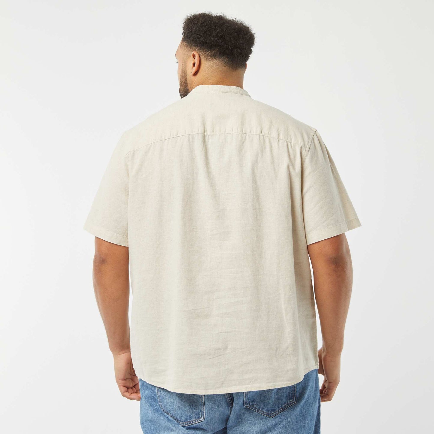 Chemise unie à manches courtes en lin mélangé BEIGE