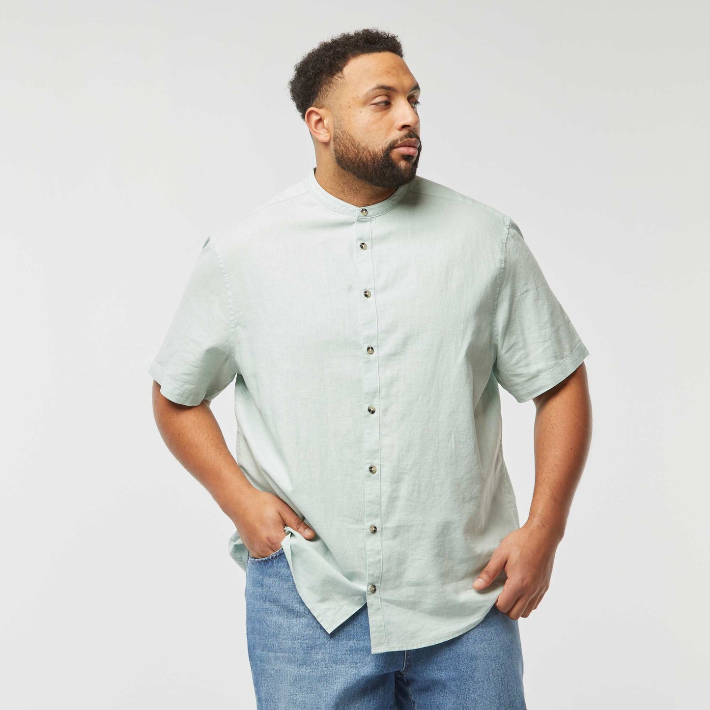 Chemise unie à manches courtes en lin mélangé BLEU