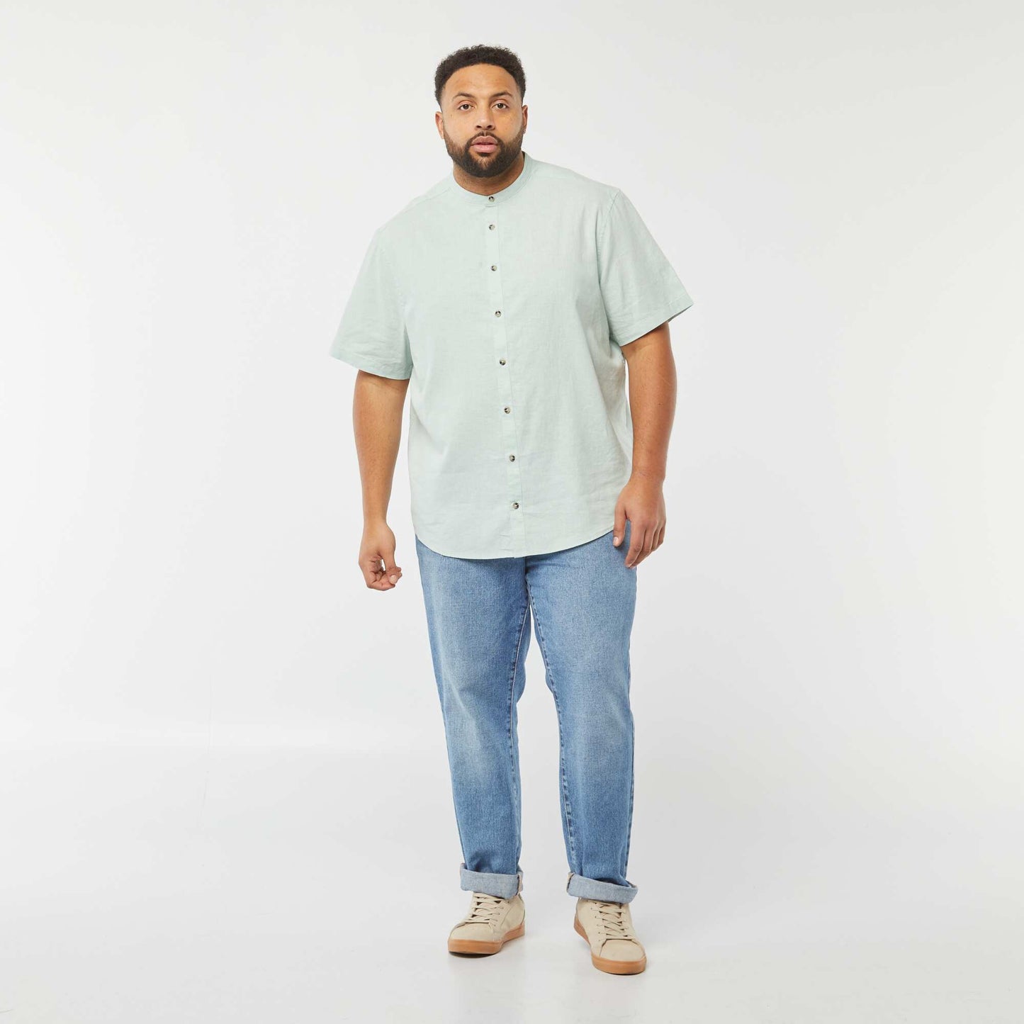 Chemise unie à manches courtes en lin mélangé BLEU
