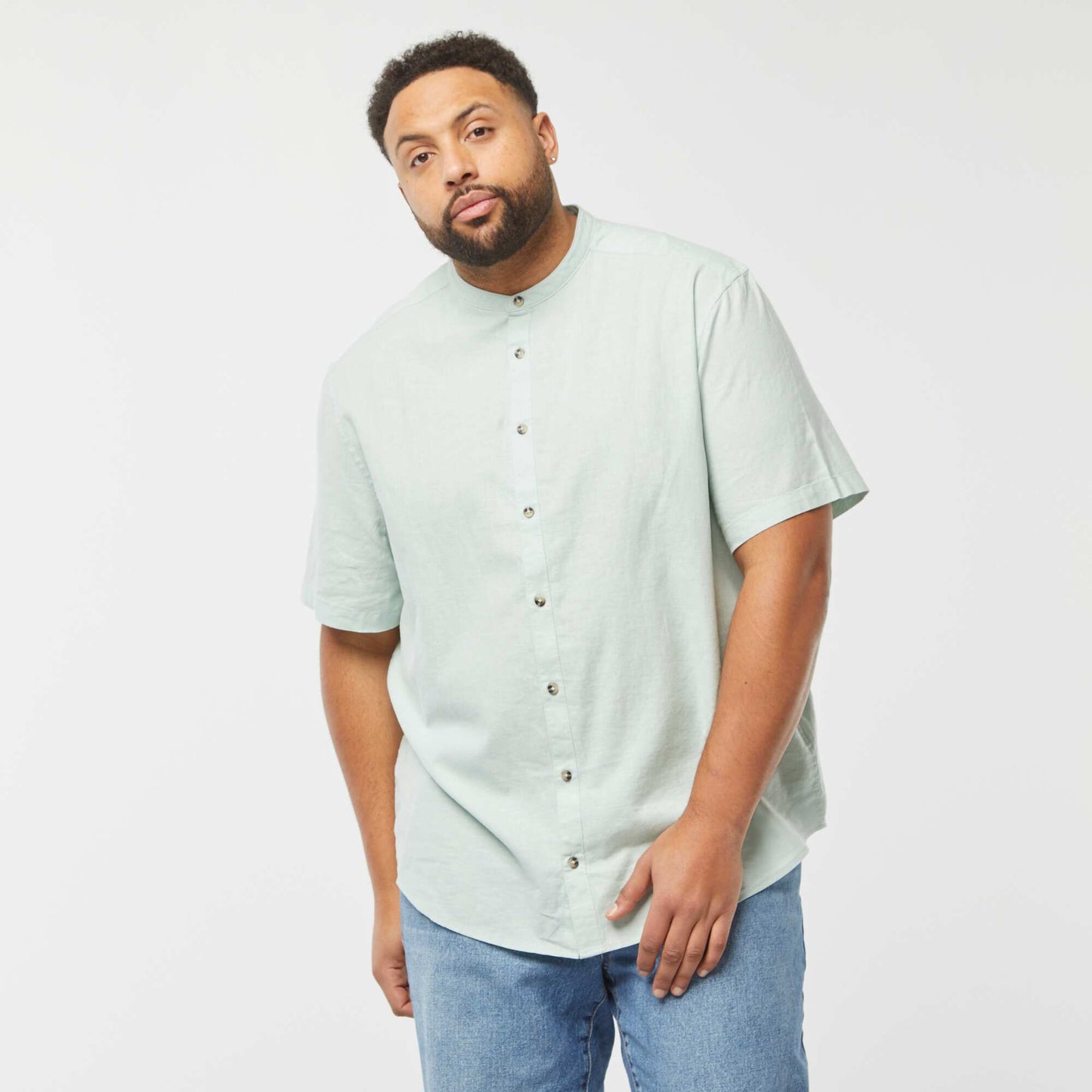 Chemise unie à manches courtes en lin mélangé BLEU